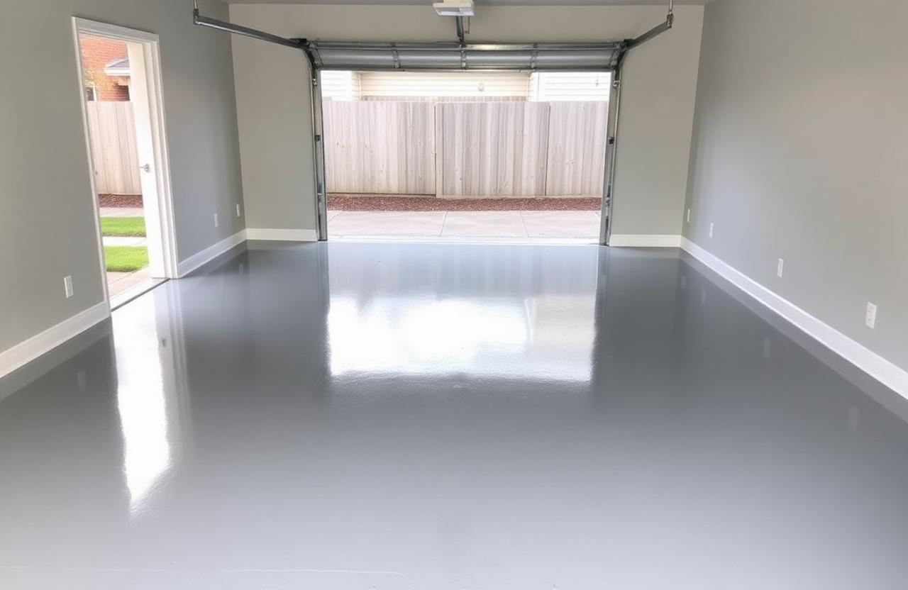 Glossy grey epoxy-coated garage floor in a clean garage with the door open to a backyard