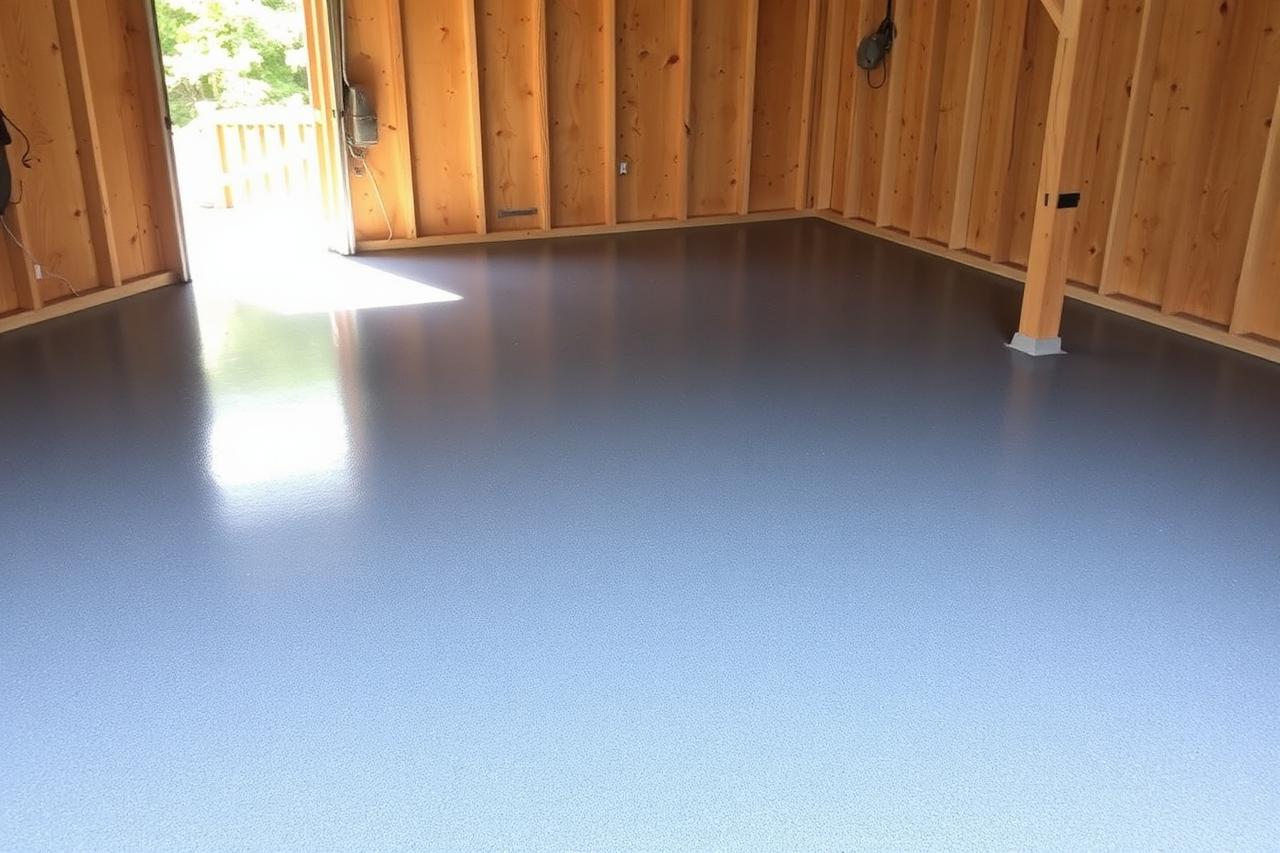 Freshly coated glossy gray epoxy floor in an older detached garage with wood walls