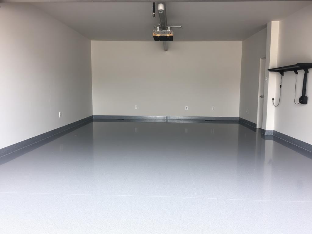 Glossy gray epoxy-coated floor inside a two-car garage with the overhead door open