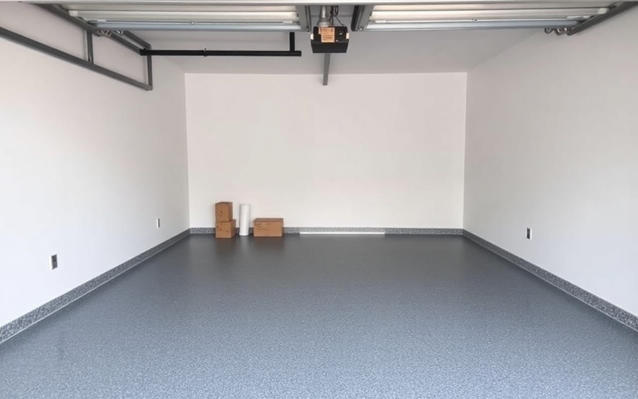 Empty two-car garage with a glossy grey flake epoxy floor and plain painted walls