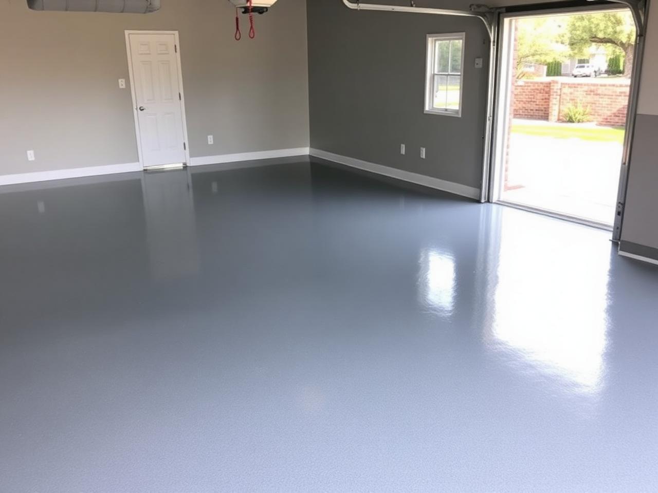 Freshly coated epoxy garage floor in a Bullard Fresno home after years of dusty valley wear