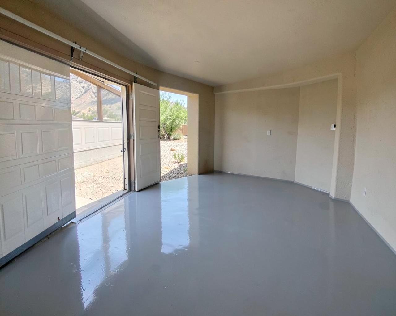 Glossy grey epoxy-coated garage floor in an empty two-car garage with the door open to a desert driveway