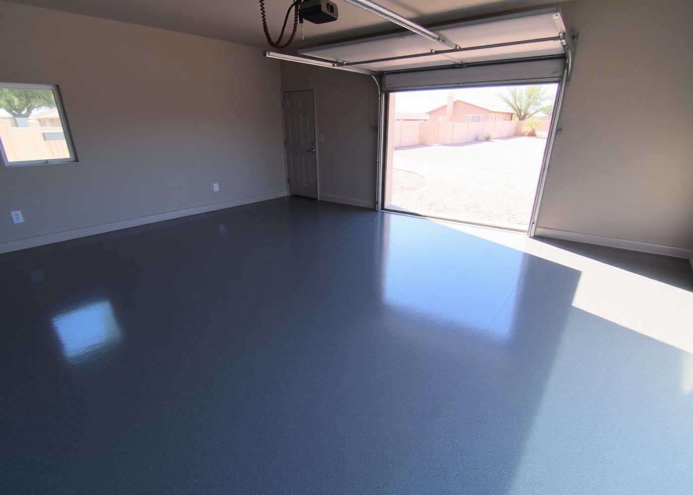 Freshly coated epoxy garage floor in a two-car garage in a Northeast El Paso subdivision