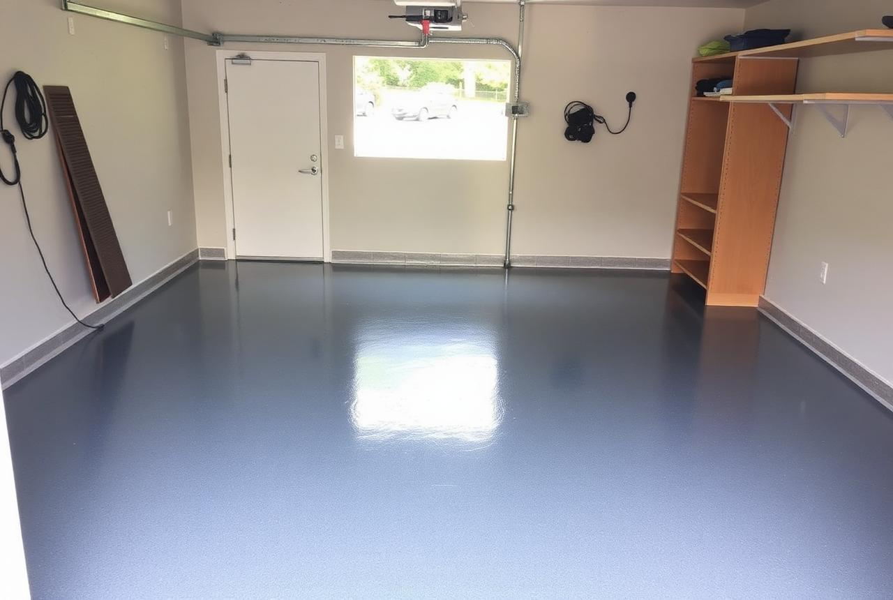Freshly coated glossy epoxy garage floor in a tidy detached garage with the door open to a driveway