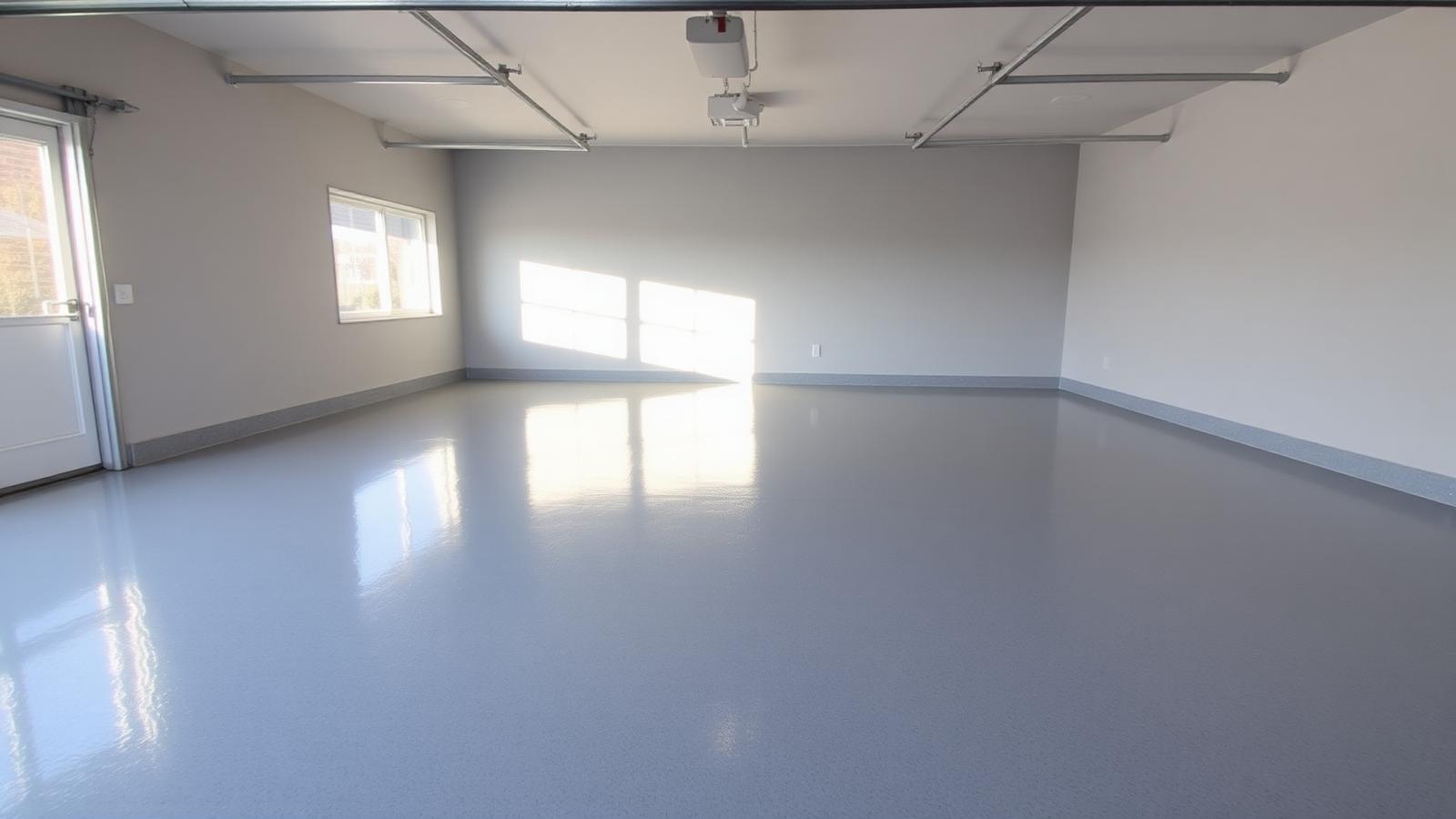 Empty two-car garage with a freshly poured glossy grey epoxy floor reflecting daylight