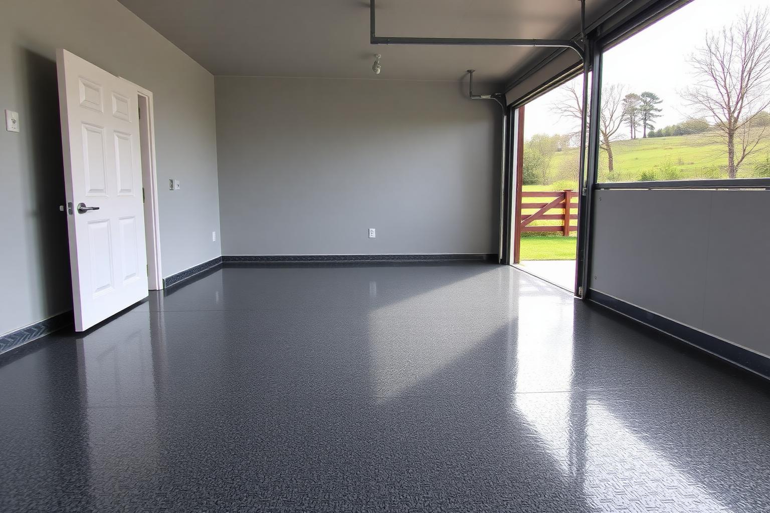 Glossy grey epoxy garage floor freshly finished with the garage door open onto a rural Cache Valley yard