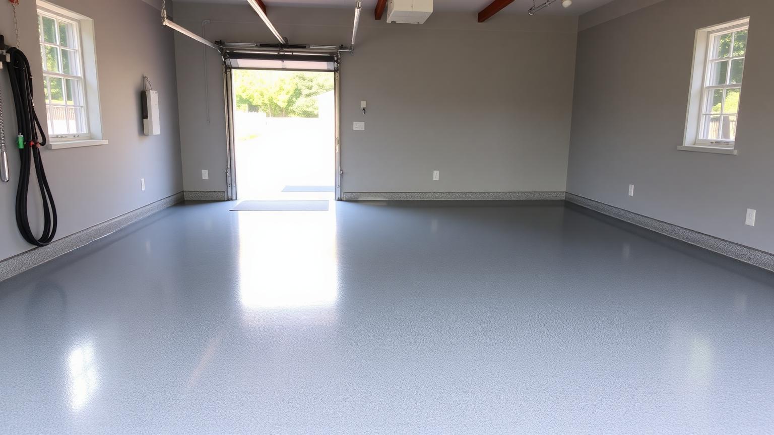 Freshly coated epoxy garage floor in a Clairemont San Diego home after years of sand and salt wear