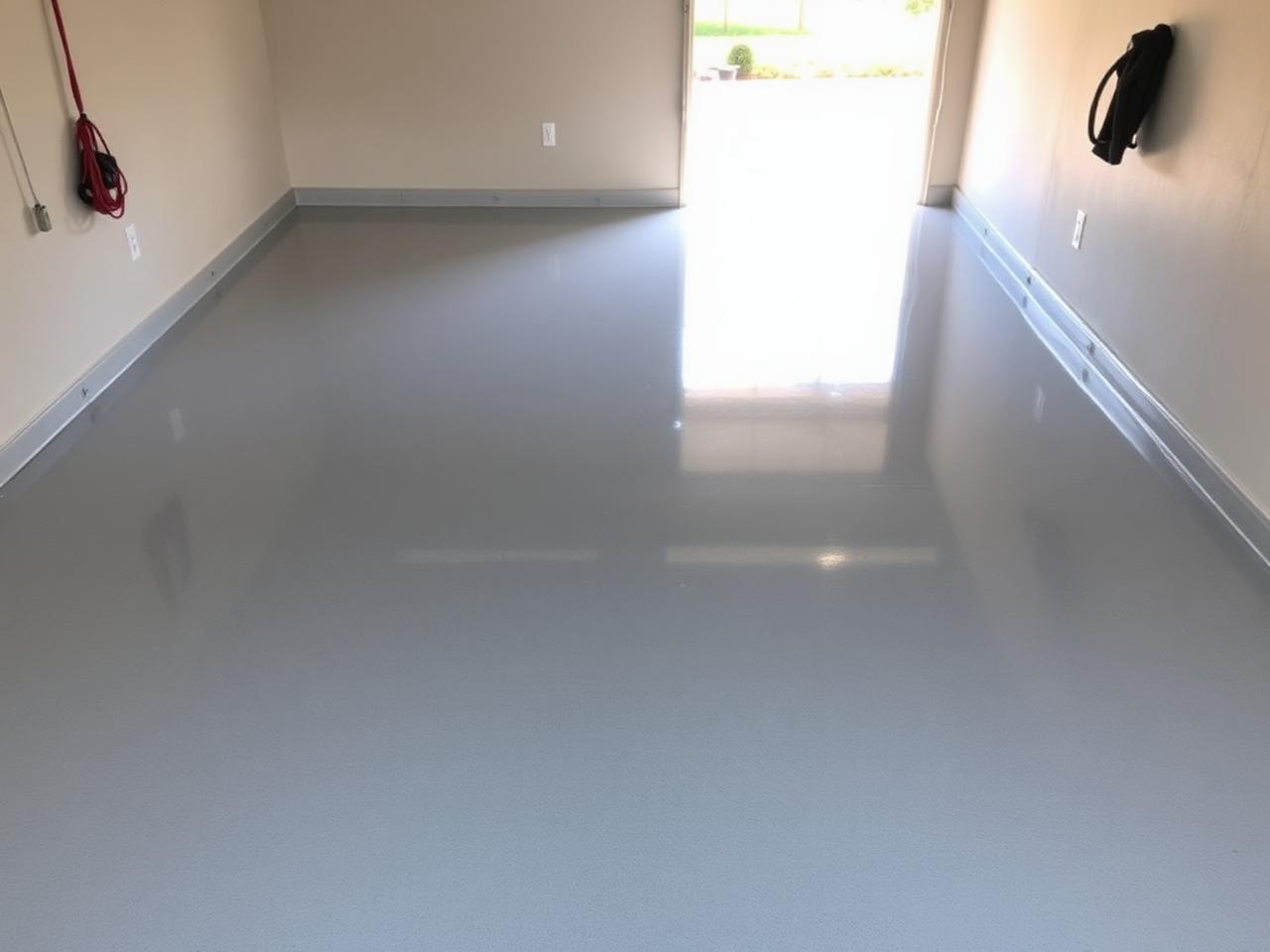 Freshly finished glossy gray epoxy-coated garage floor in a San Antonio, Texas home