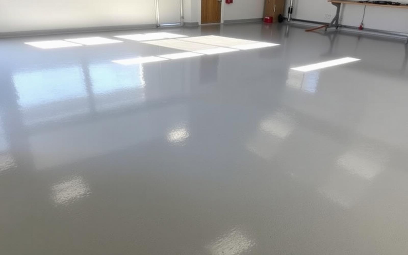 Freshly coated grey epoxy garage floor with a high gloss finish in a Tampa home