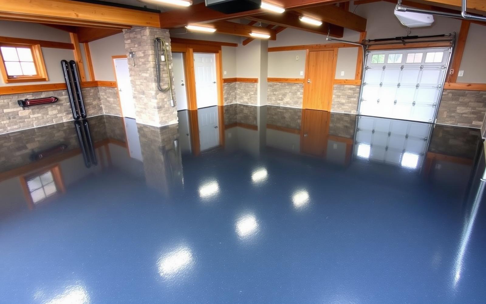 Glossy epoxy-coated floor finish in a large mountain-home garage built for multiple vehicles and ski gear