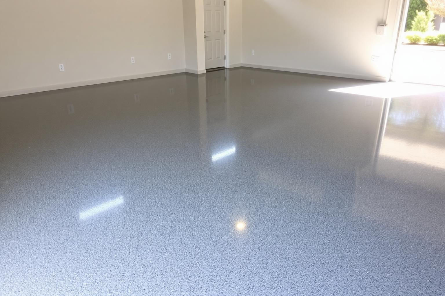 Metallic flake epoxy floor finish drying in a two-car garage inside a Collin County subdivision