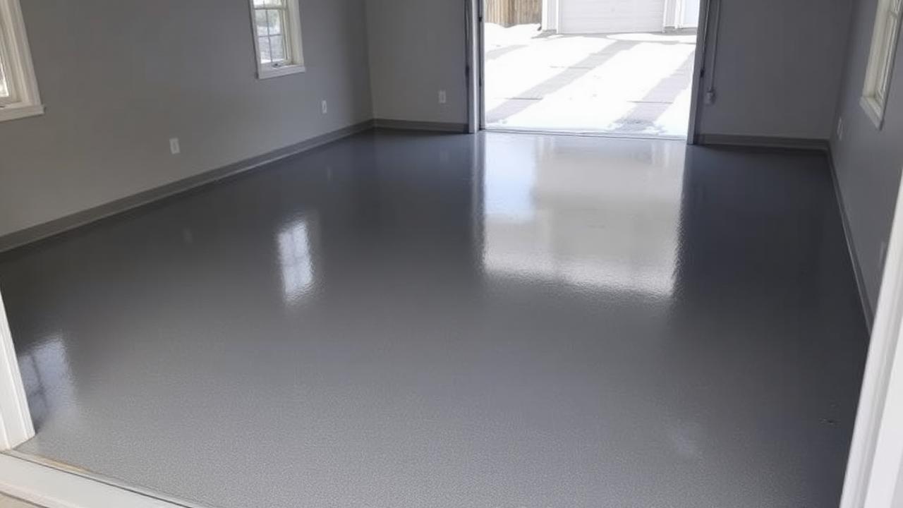 Freshly coated glossy grey epoxy garage floor in a detached garage with the door open to a snowy driveway
