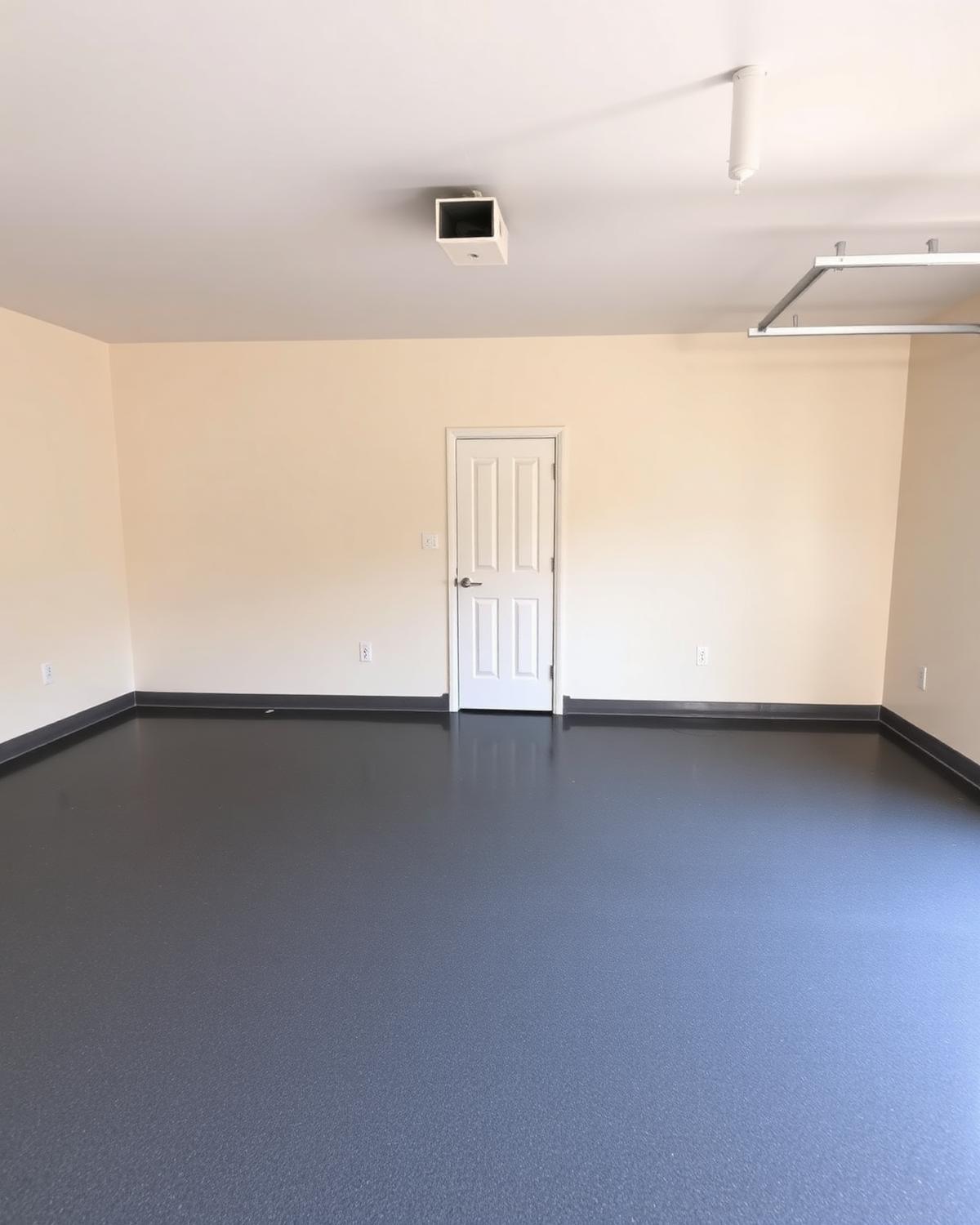 Glossy gray flake epoxy garage floor in an empty two-car garage