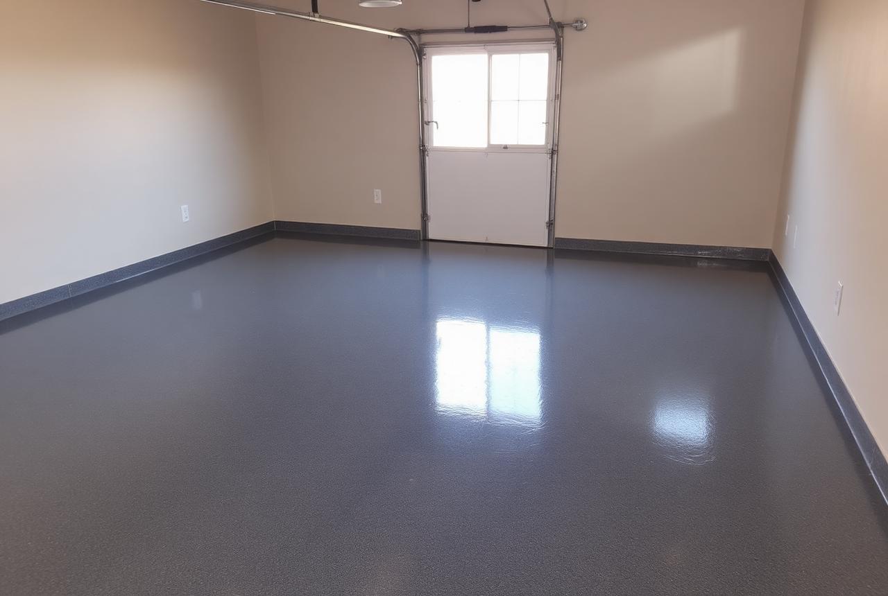 Freshly coated epoxy garage floor in a Natomas Sacramento home after years of Central Valley dust wear