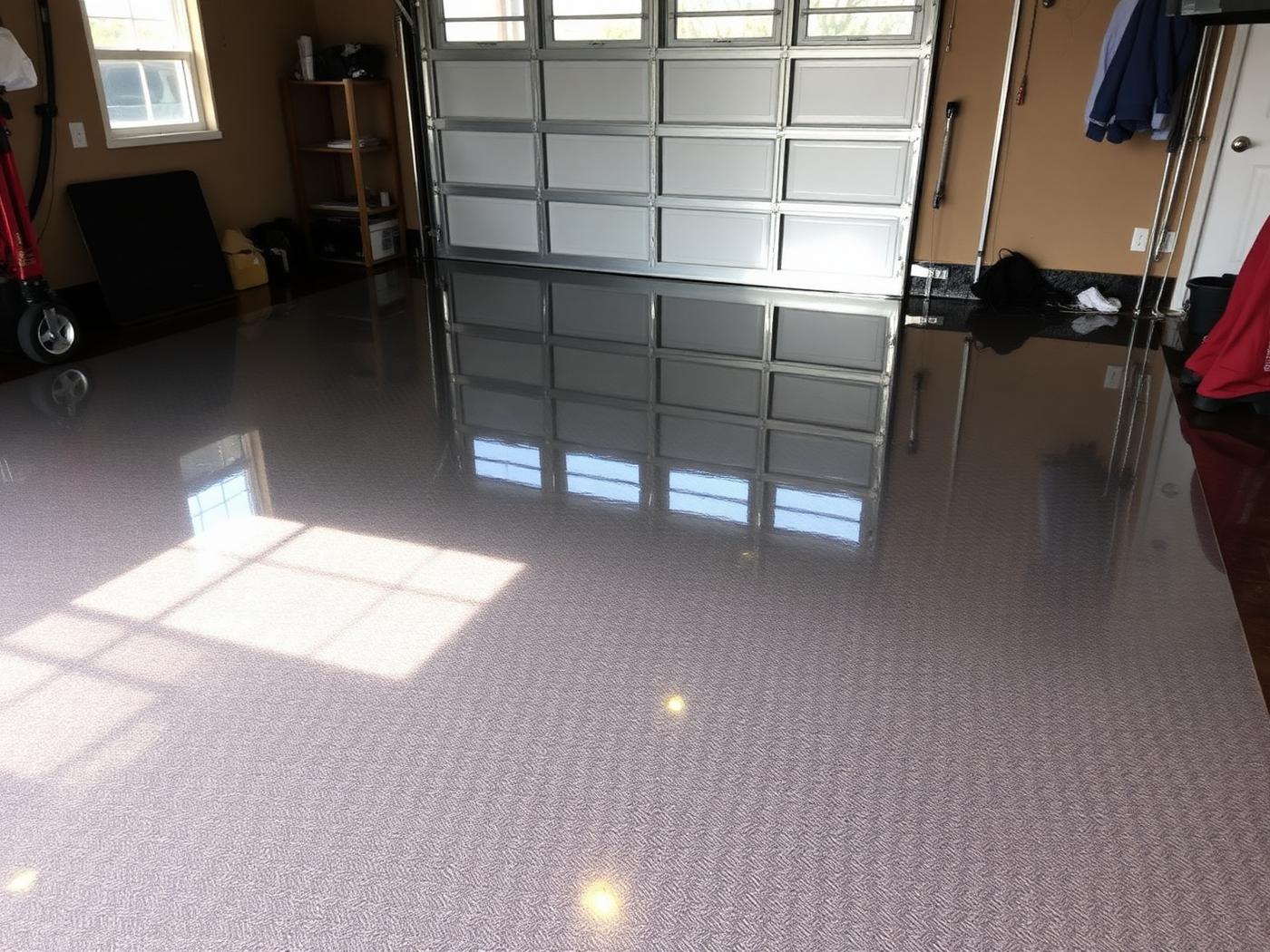 Glossy metallic epoxy garage floor coating finished in a Tallahassee home