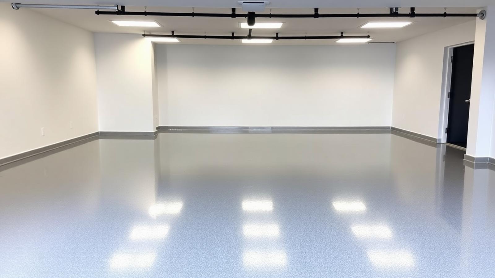High-gloss metallic gray epoxy garage floor coating reflecting ceiling lights in a Fort Lauderdale home garage