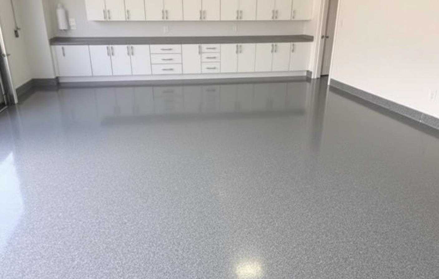 Glossy gray epoxy-coated floor inside a spacious three-car garage