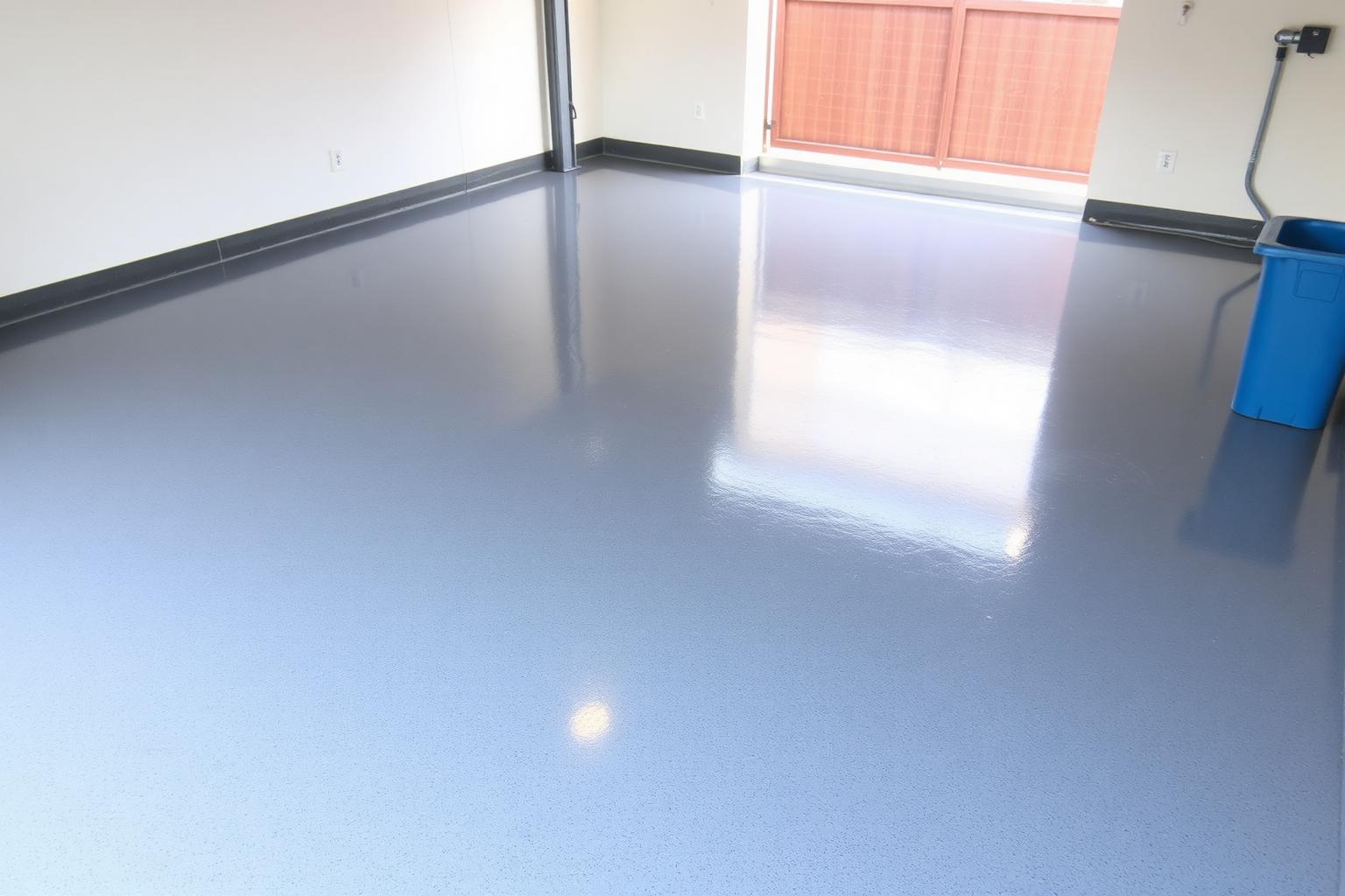 Glossy gray epoxy-coated floor inside a narrow Chicago alley garage with the overhead door open