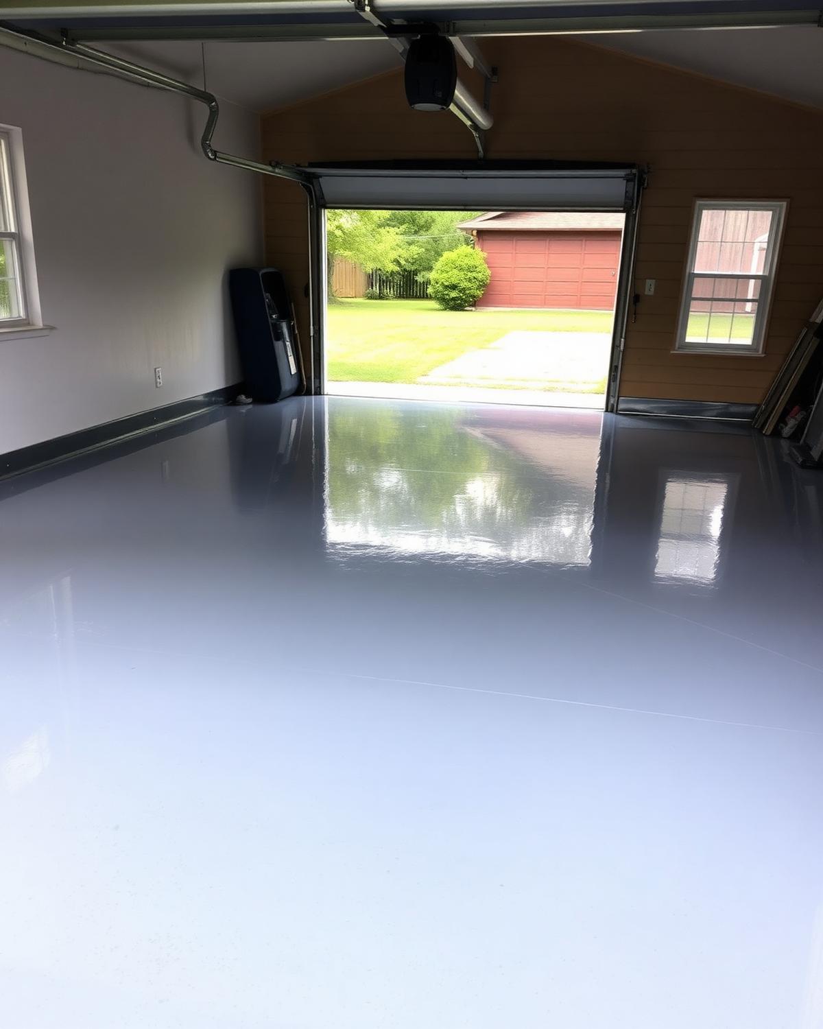 Glossy gray epoxy-coated floor in a clean two-car garage with the door open to a quiet residential street