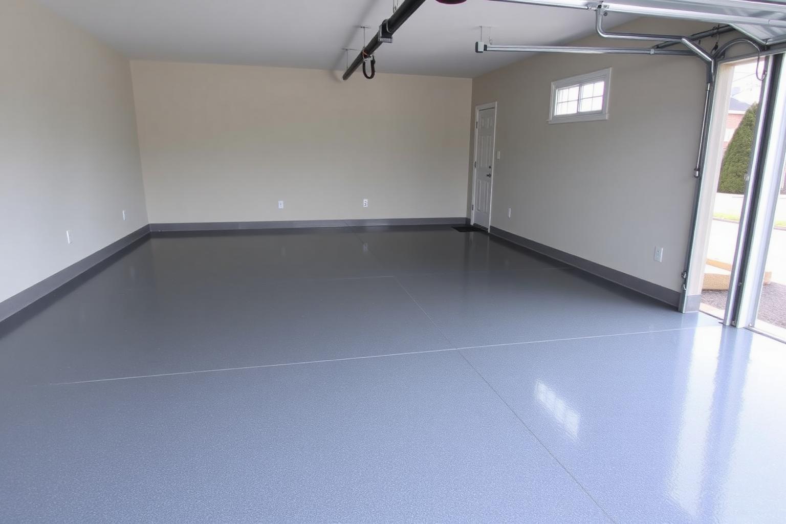 Finished epoxy garage floor in a new-build home garage near Vineyard, Utah