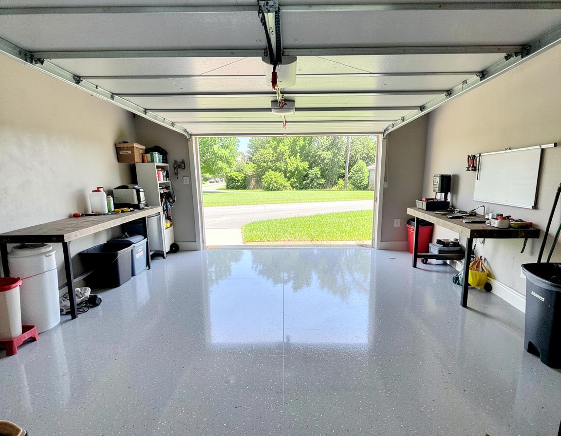 Glossy gray epoxy-coated floor inside a two-car garage with the overhead door open