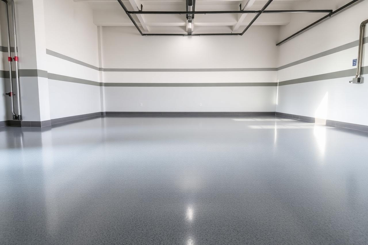 Glossy epoxy-coated garage floor in a detached 1920s garage in Oakland's Rockridge neighborhood