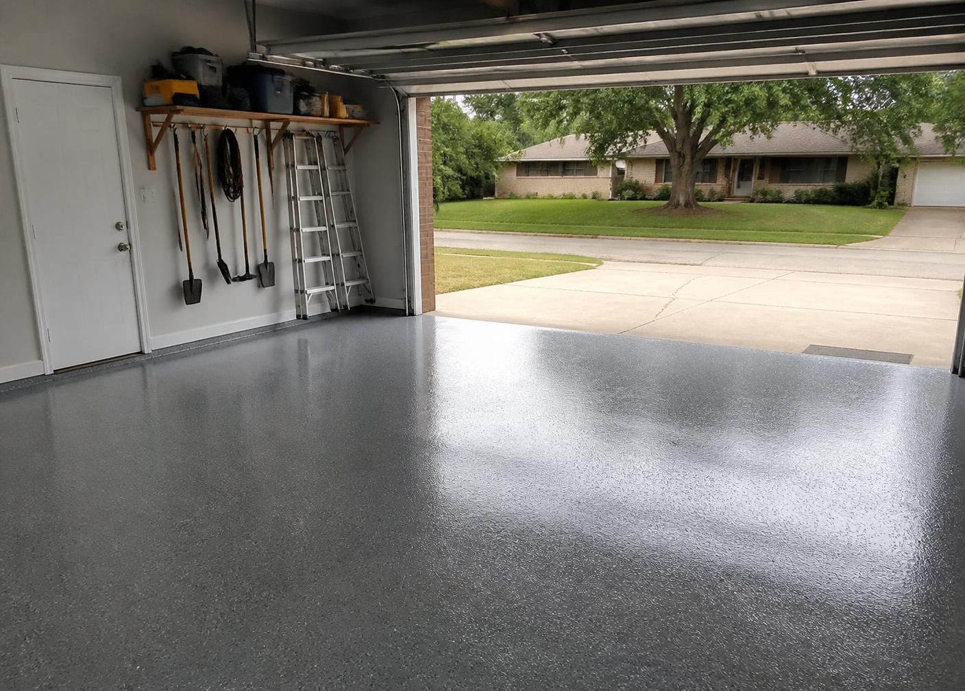 Freshly coated grey epoxy garage floor with the door open to a flat suburban driveway