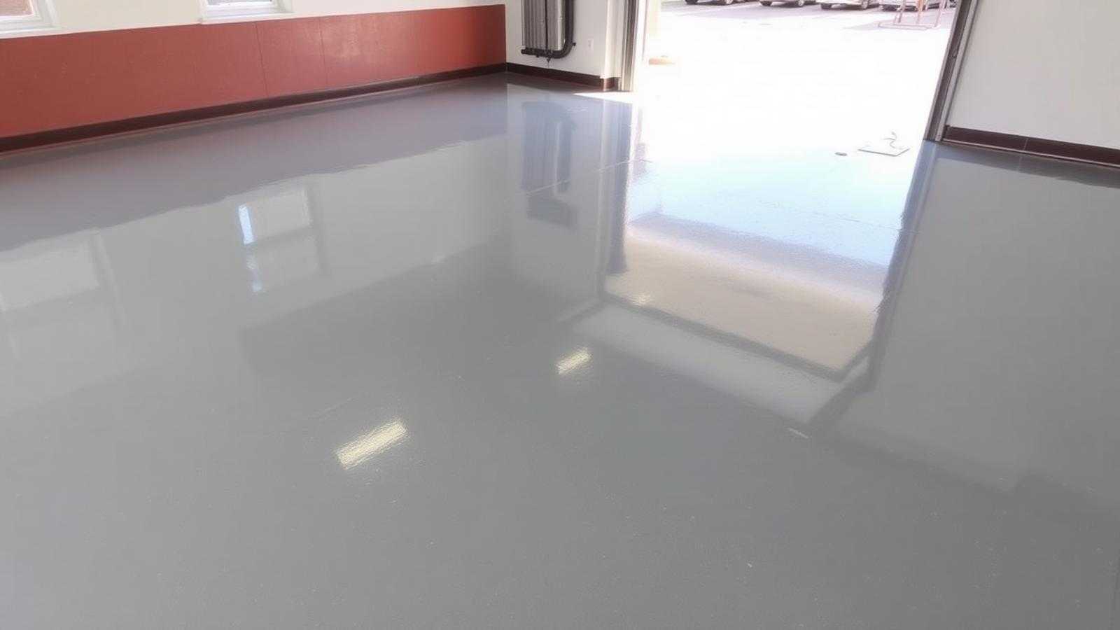 Glossy grey epoxy-coated garage floor freshly finished in an Austin, Texas home