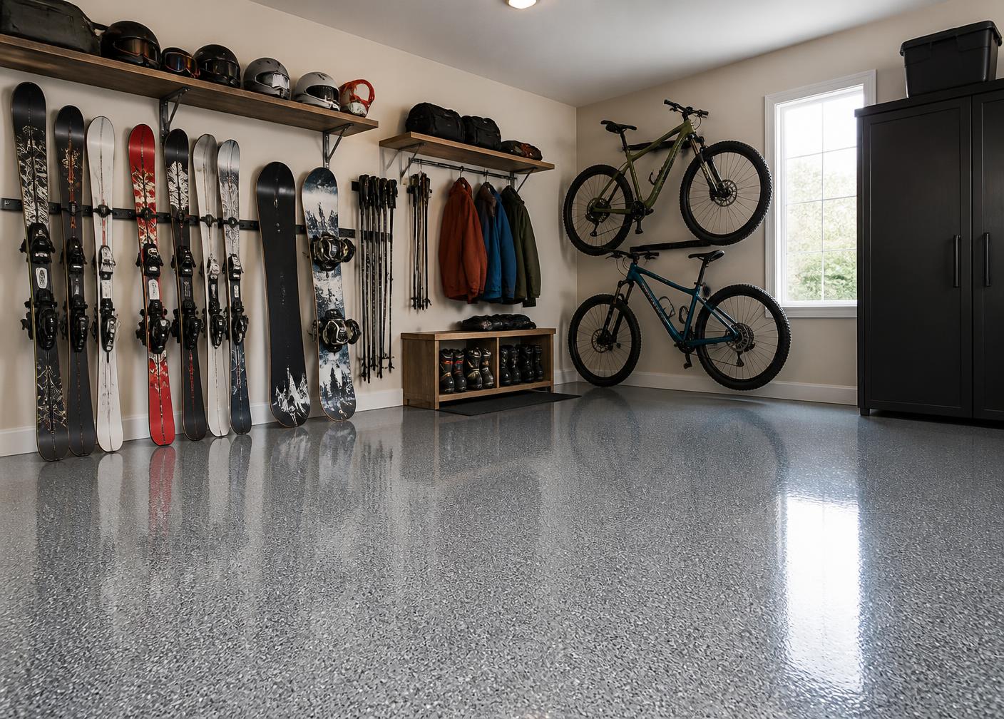 Finished epoxy garage floor storing ski and mountain bike gear in Sandy, Utah