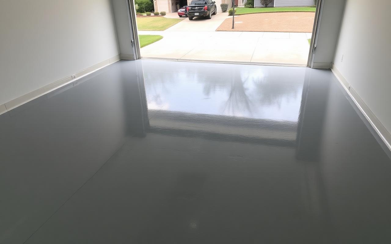 Newly epoxied garage floor in a Hempstead-area driveway