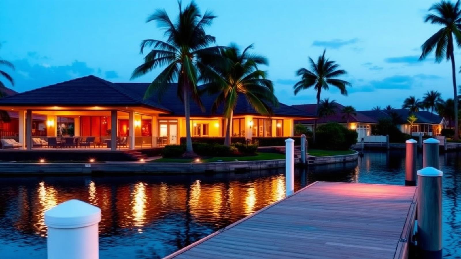 Fort Lauderdale waterfront home lit at dusk with landscape lighting and a wooden dock on the canal