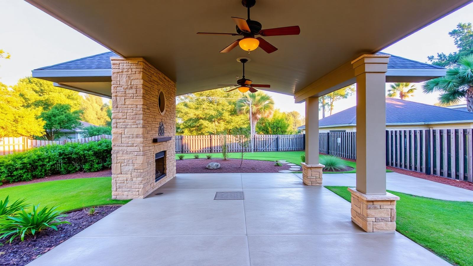 Covered backyard patio with ceiling fans and stamped concrete in a Houston, Texas neighborhood at dusk