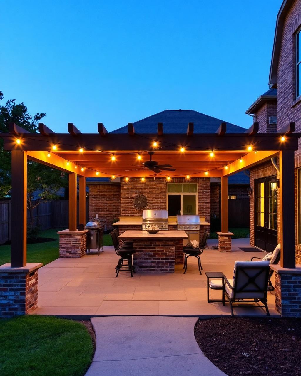 Pergola-covered outdoor kitchen glowing at dusk behind a brick two-story in a Frisco subdivision