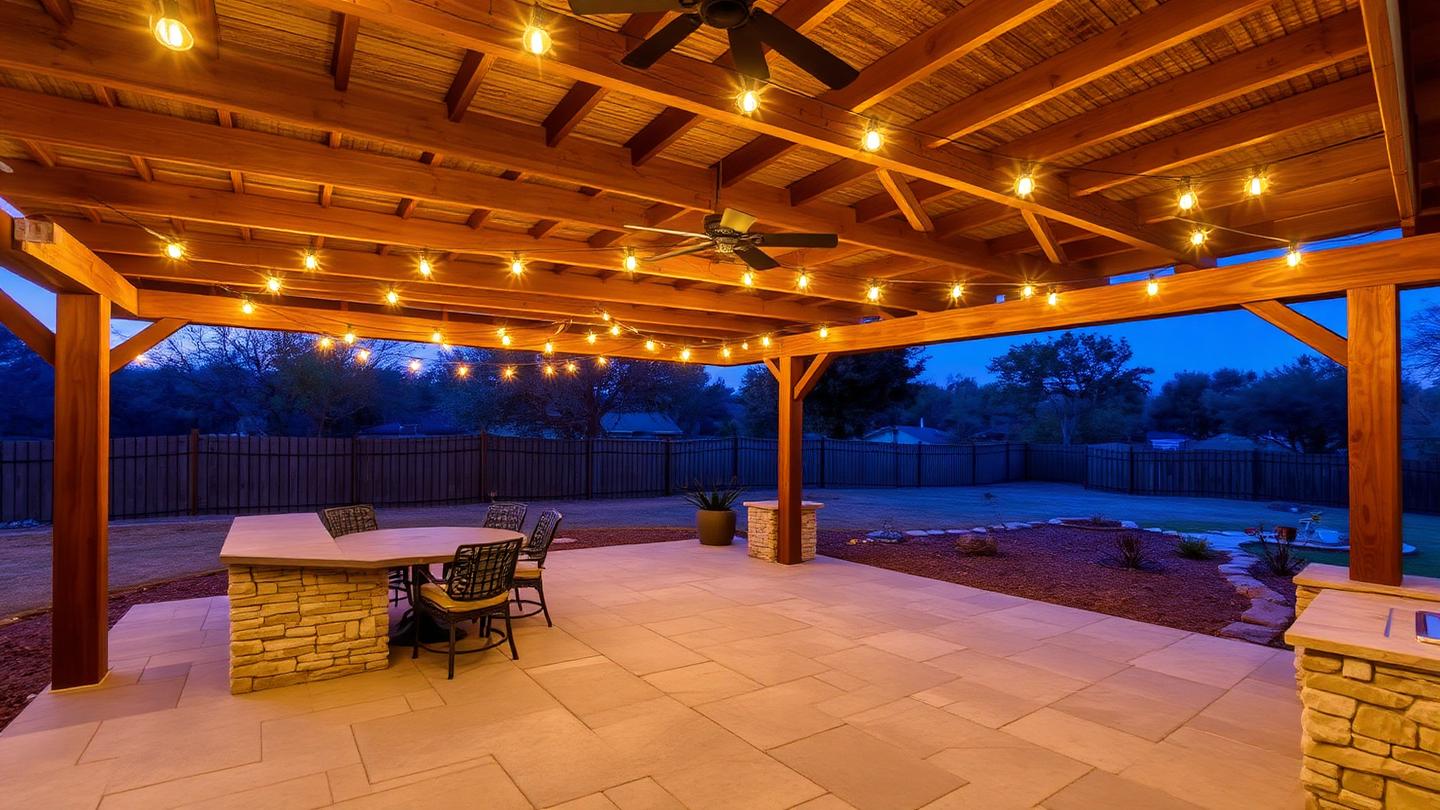 Covered backyard patio with cedar pergola and warm string lighting at dusk in San Antonio, Texas