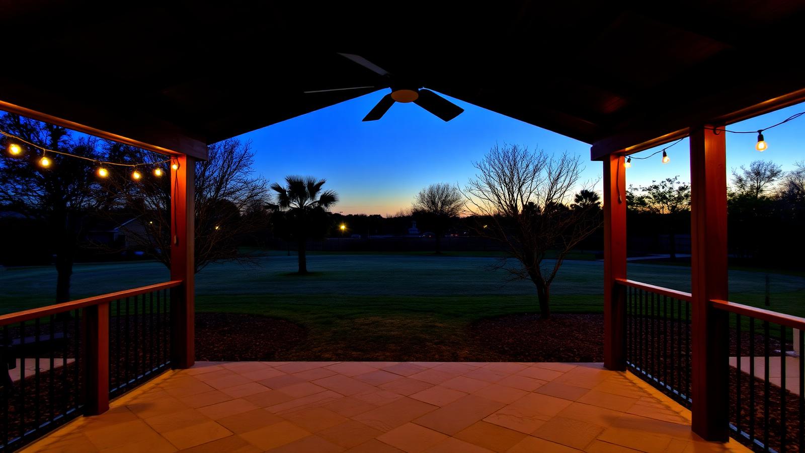 Covered outdoor patio of an Austin, Texas home in the evening with warm lighting and stone flooring