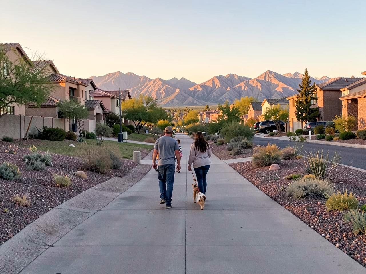 Family walking a dog along a wide sidewalk between newer desert homes with mountains at golden hour