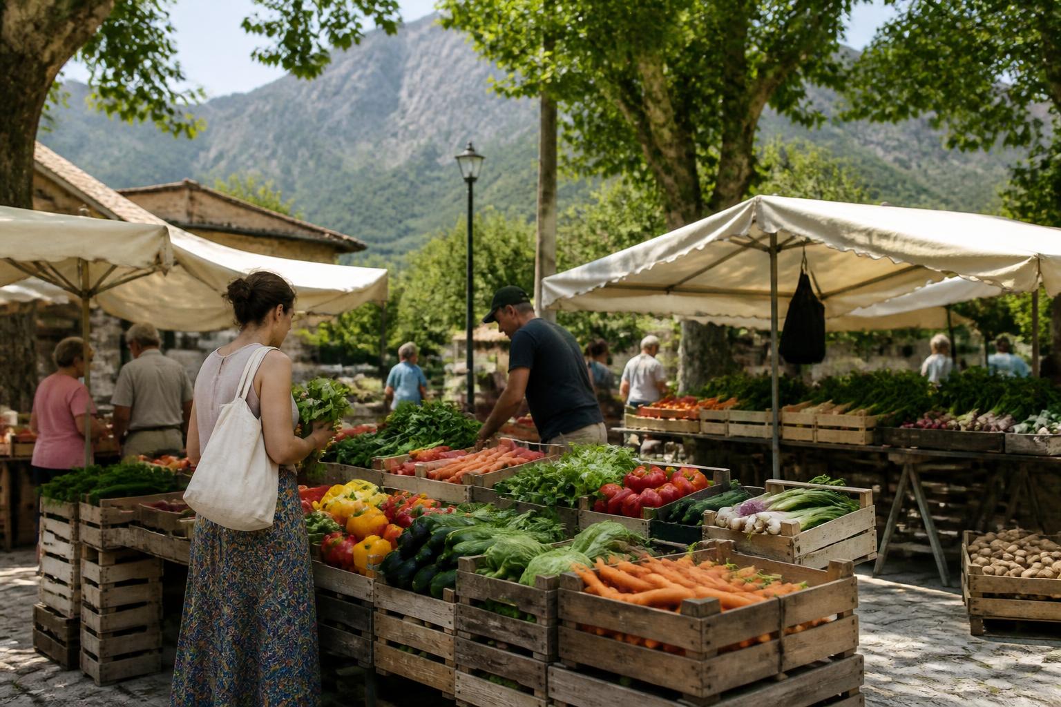 Small outdoor produce market with wooden crates of vegetables under plain canopies and mountains behind