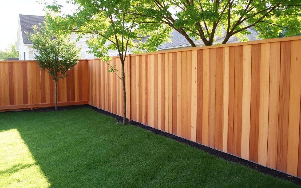 New cedar privacy fence along a flat suburban backyard with fresh grass and a young tree in afternoon light