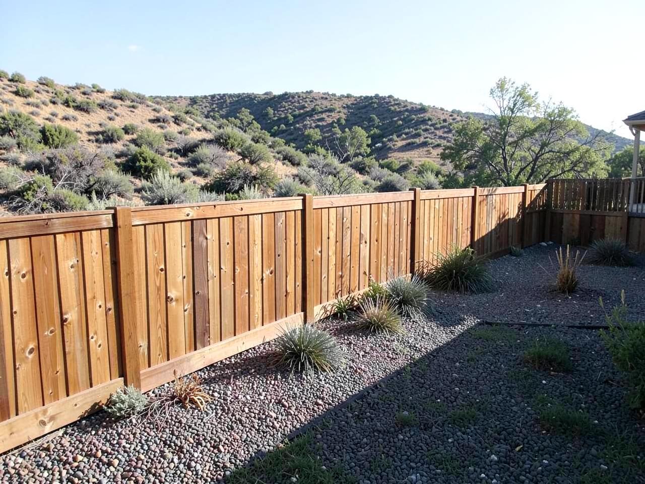 New cedar privacy fence beside gravel landscaping with sagebrush hills rising behind the yard