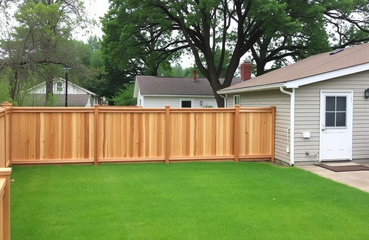 Newly built cedar privacy fence along a modest backyard beside an older detached garage