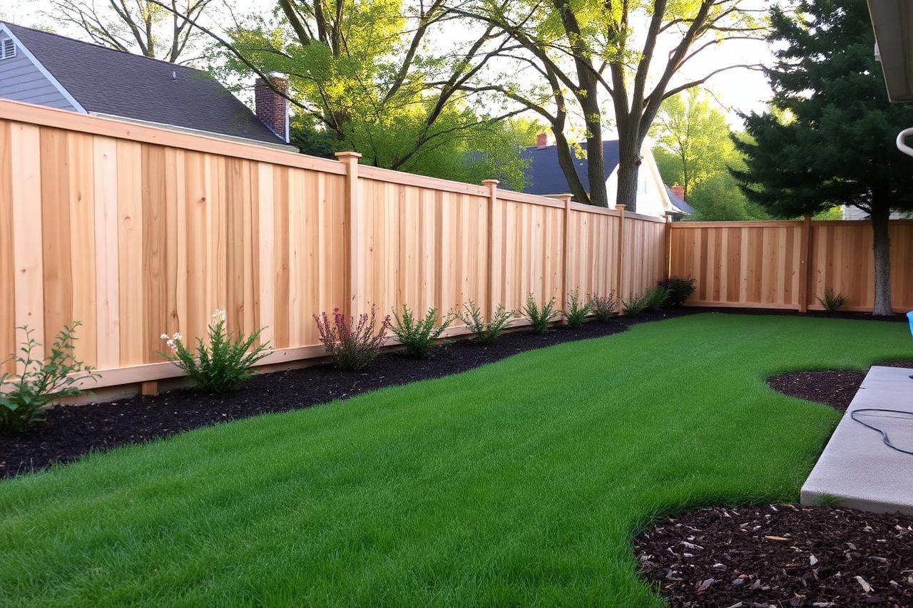 A newly built wood fence enclosing a backyard in a Columbus, Ohio residential neighborhood