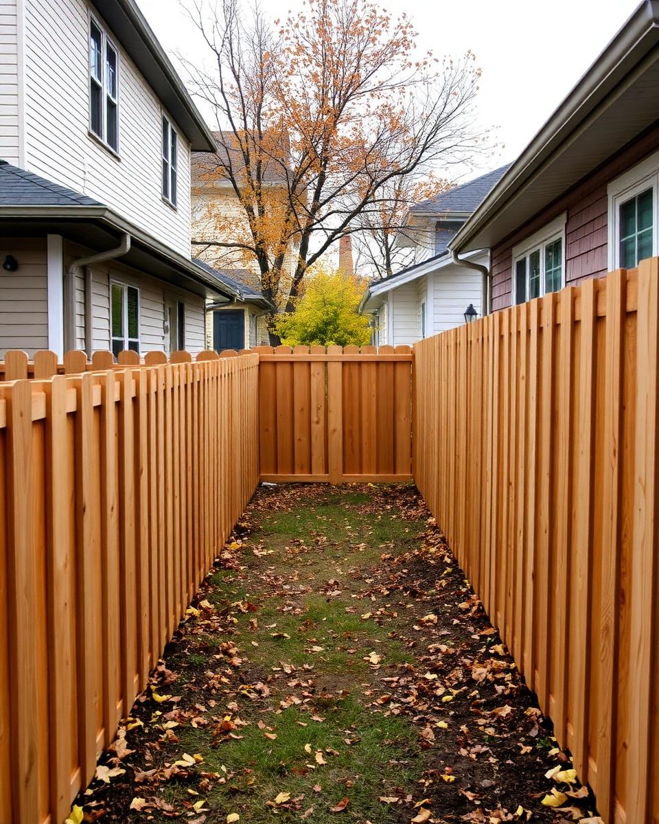 New wood privacy fence along a narrow backyard between two closely set older houses