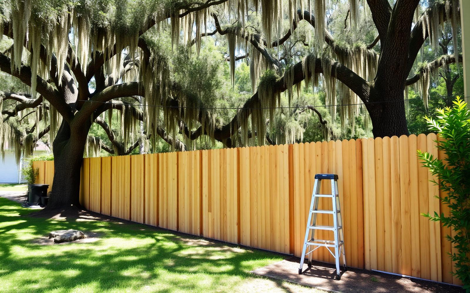 New privacy fence installed under Spanish moss live oaks in a Tallahassee backyard — social advertising creative