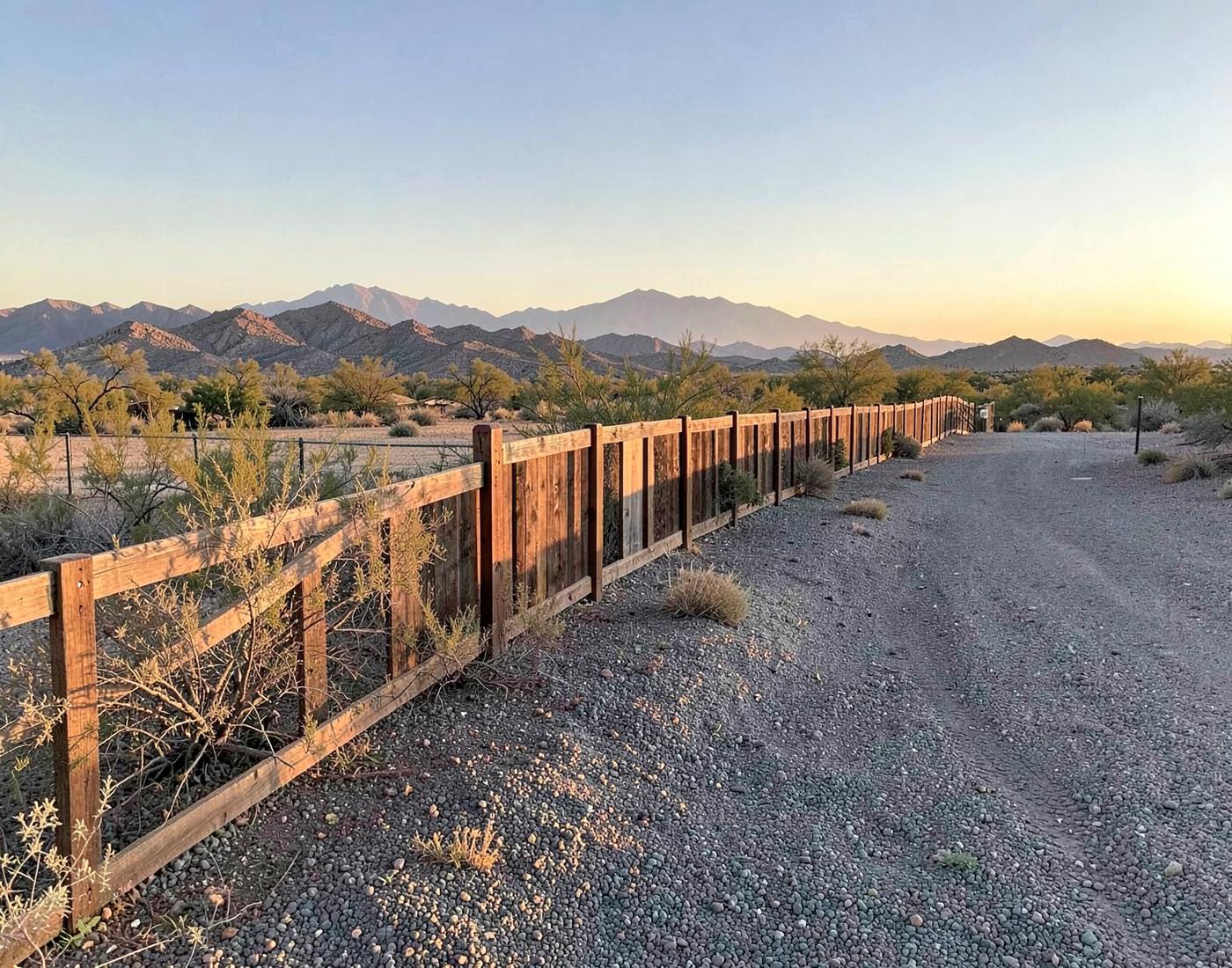 New wooden fence line running along the edge of a wide desert lot with gravel ground and mountains at golden hour