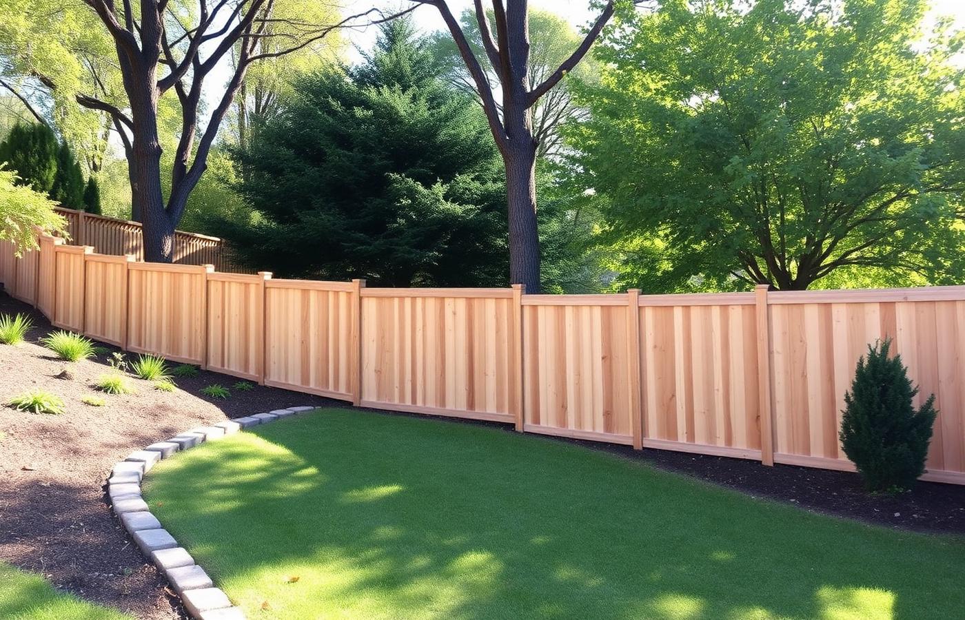 New wooden privacy fence stepping down a sloped backyard beside a stone wall