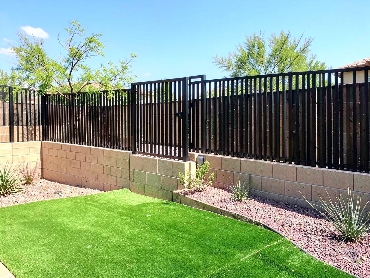 New black aluminum fence above a block wall enclosing a freshly landscaped backyard with artificial turf