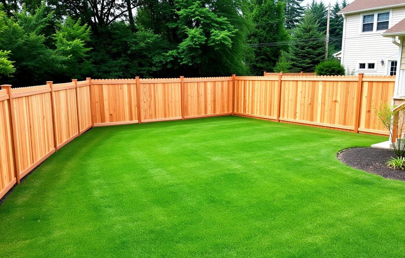 Freshly installed wood privacy fence enclosing a large backyard lawn in a newer subdivision