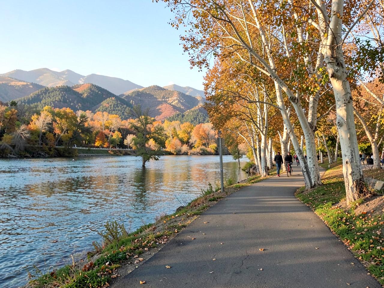 Paved riverside path beside a wide river lined with cottonwood trees in late afternoon light