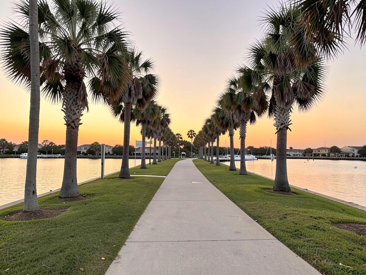 Palmetto-lined waterfront park path beside calm harbor water at sunset in a coastal southern city