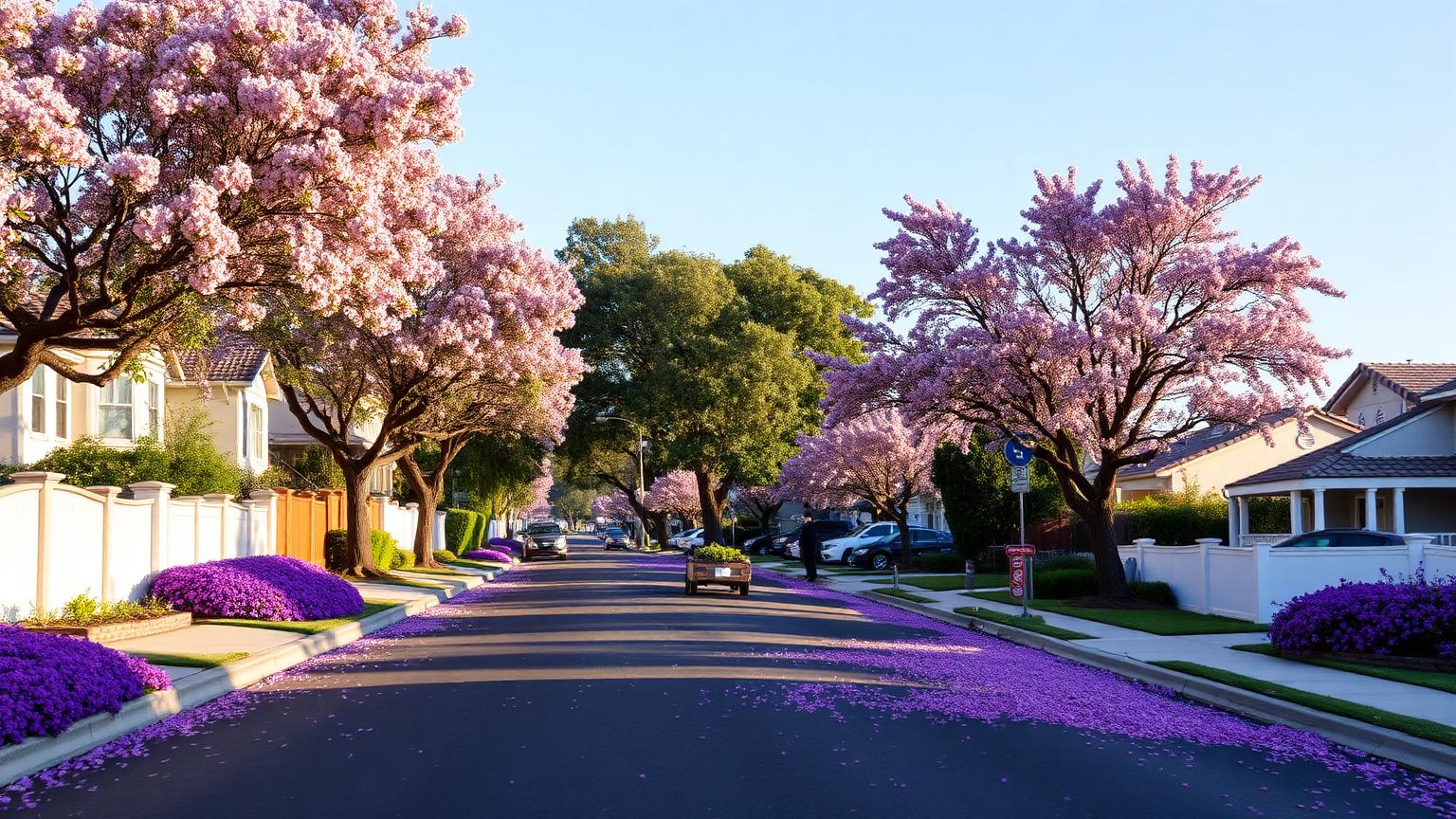 Jacaranda-lined residential street in North Park San Diego with a newly replaced fence line